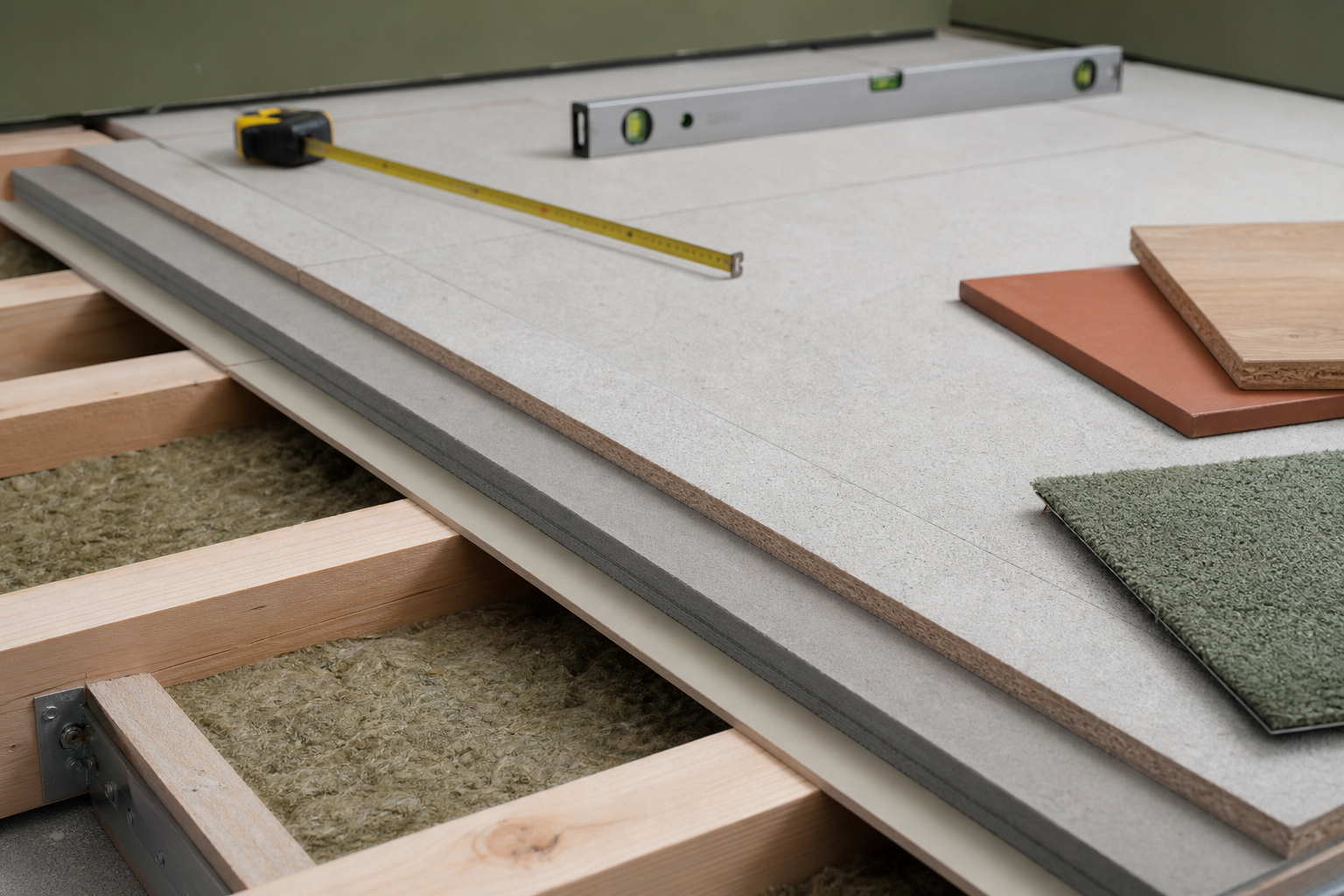 Droogbouwplaten, houten balken en meetgereedschap tijdens een vloerverbouwing