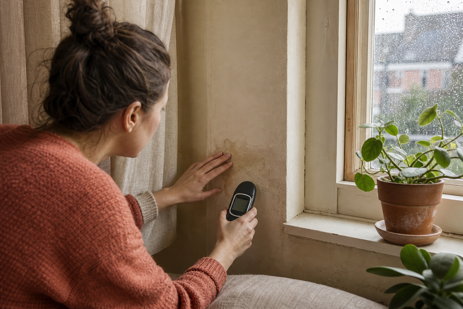 Bewoner onderzoekt een vochtplek naast een raam met een eenvoudige vochtmeter